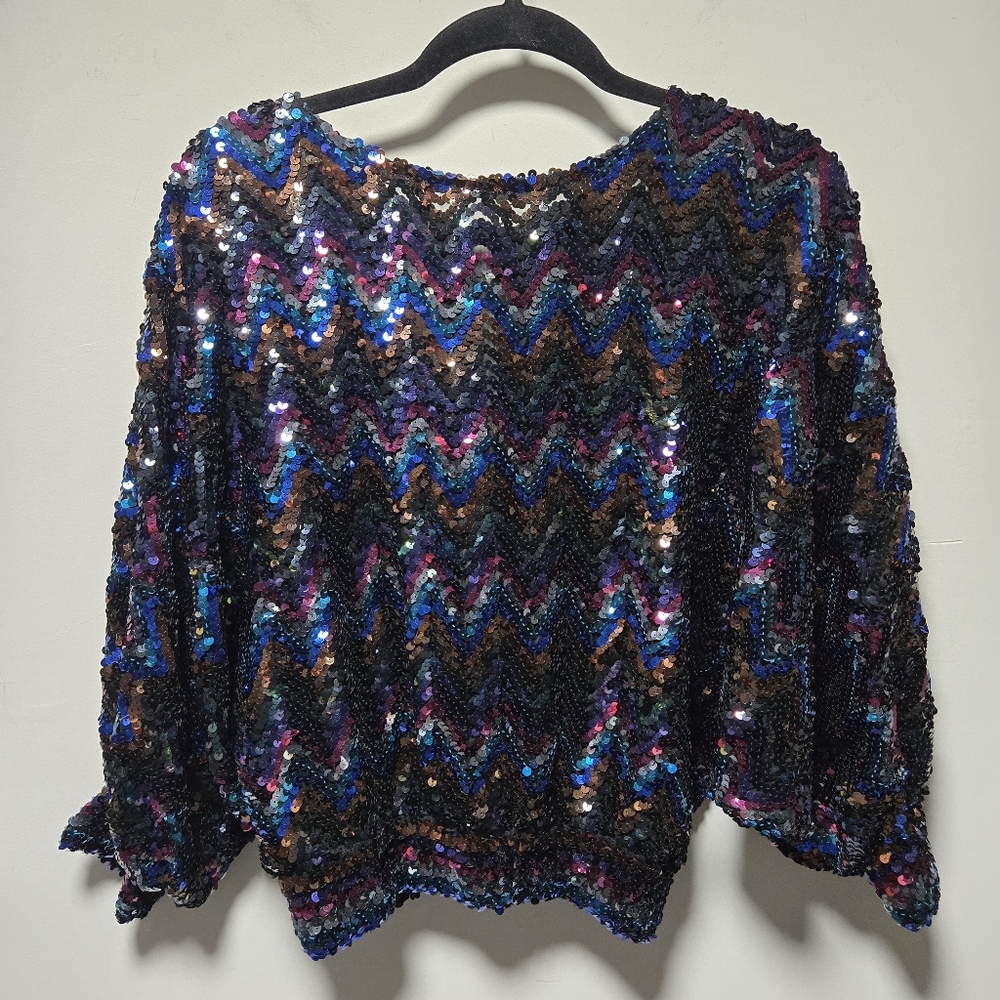 Vintage Sequin Dolman Sleeve Blouse Top Size Large 70s 80s Disco Batwing